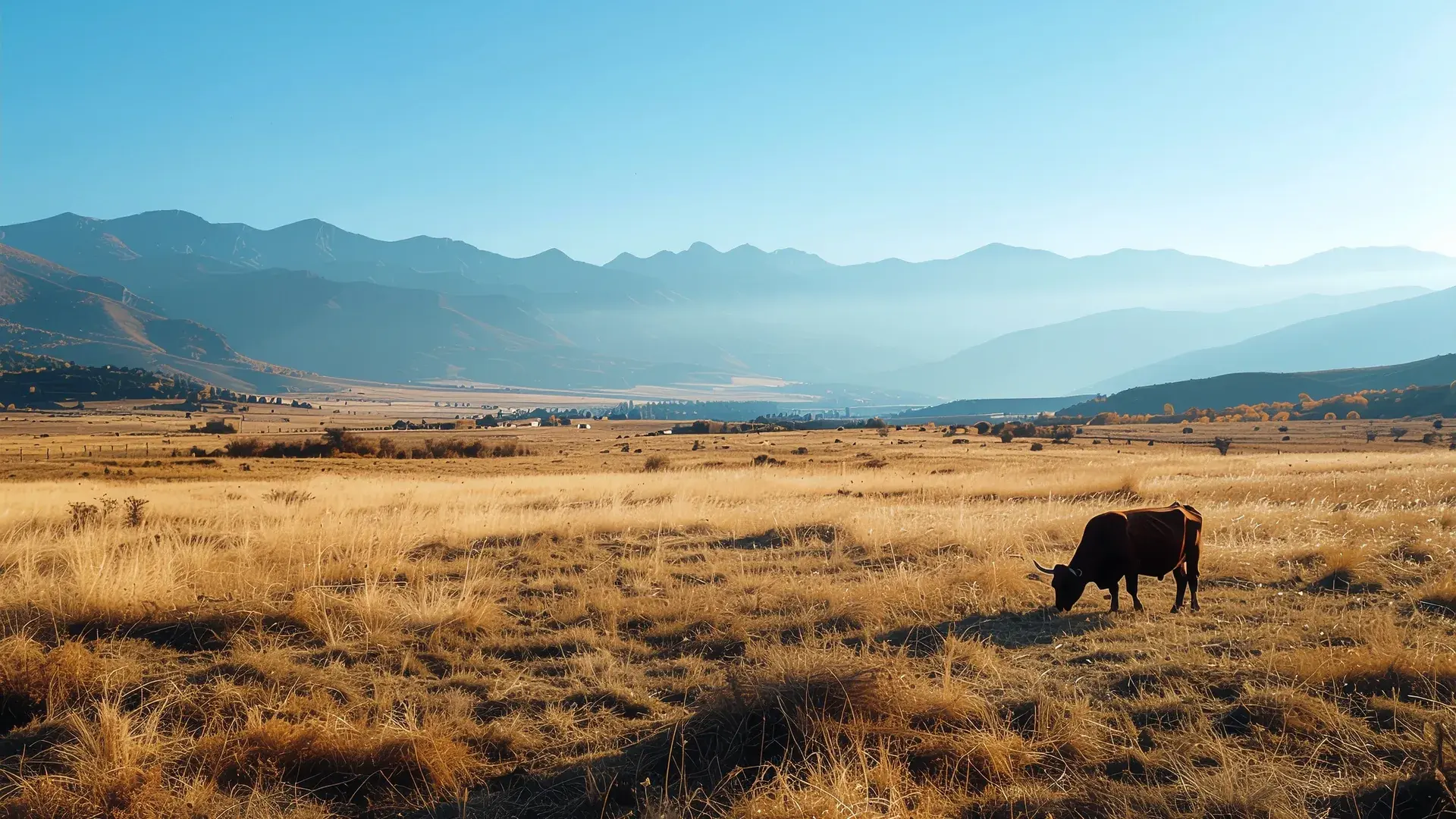 Mavi dağlar önünde kurban çiftlik manzarası